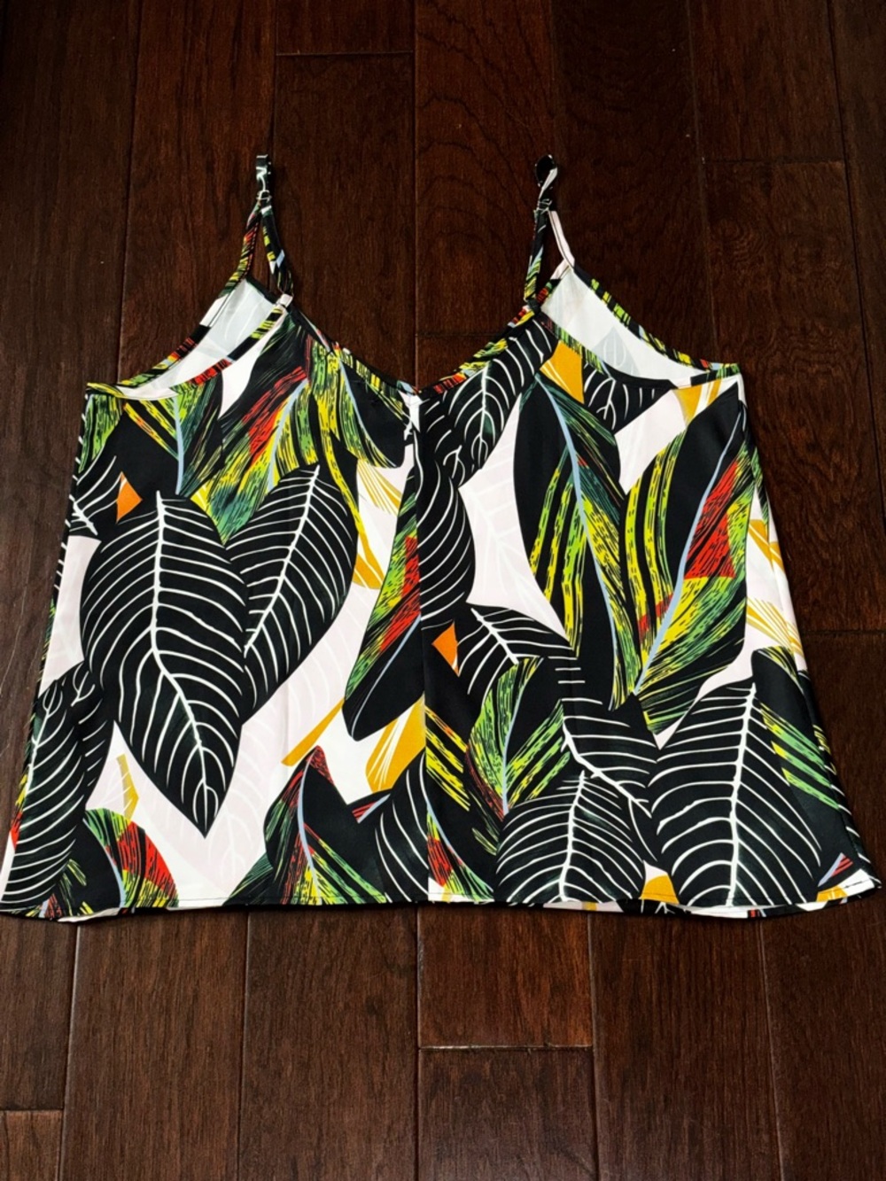 Tropical Leaf Print Spaghetti Strap Cami - Black, Green & Yellow